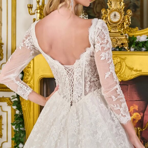 New Off White Floral Wedding Mesh Dress w/ Lace Up Back & V-Neckline GL3819 - Picture 11 of 14